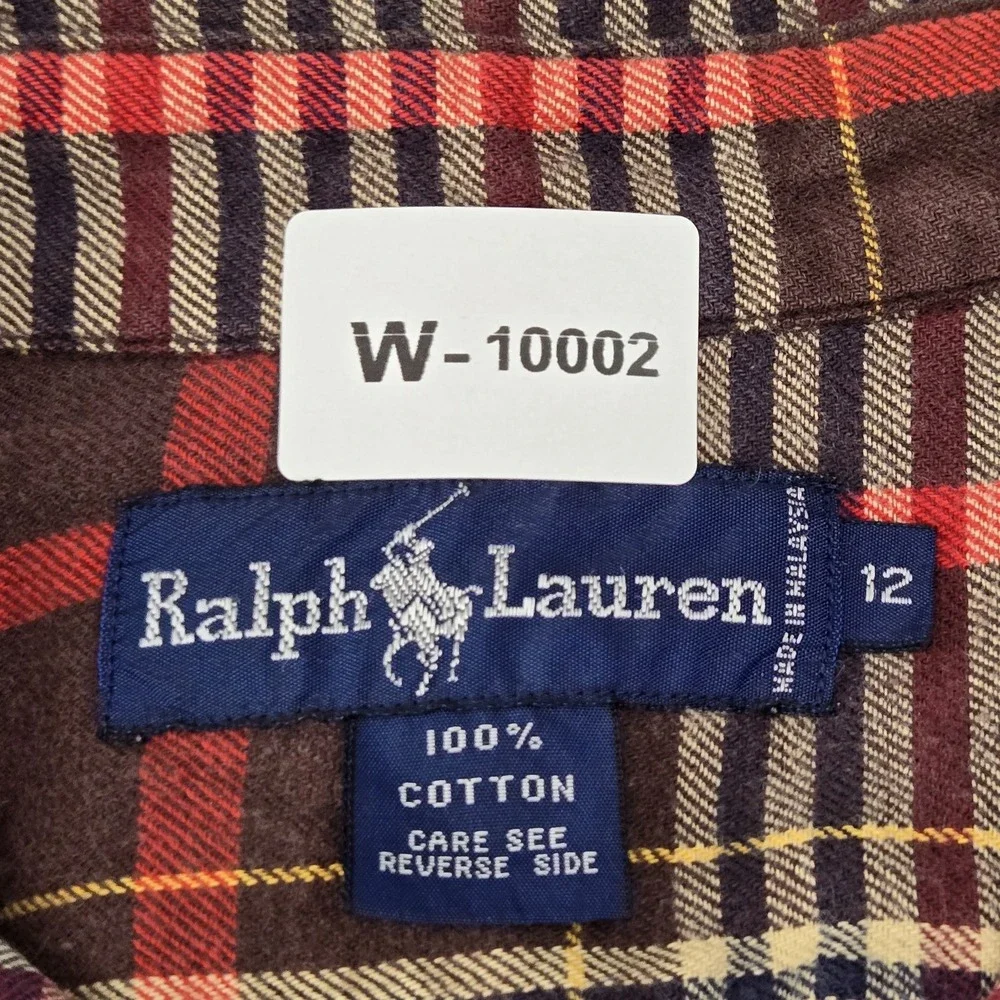 Ralph Lauren Boy Button Up Shirt 12 Brown Embroidered Plaid Pony Western Flannel